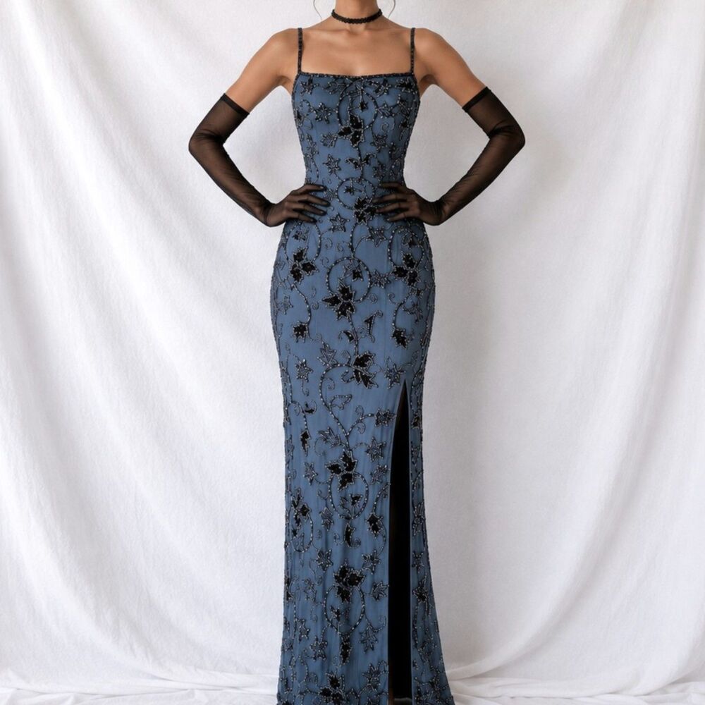 Vintage Y2K Blue Floral Beaded Silk Side Slit Bodycon Maxi Cocktail Dress Size S